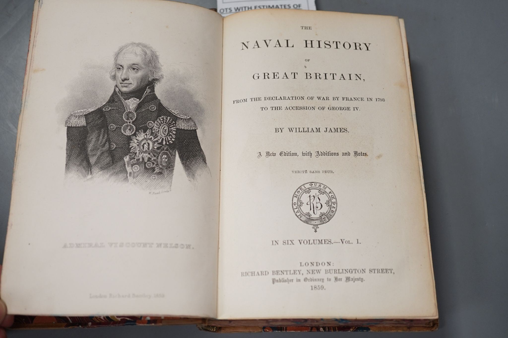 James, William - The Naval History of Great Britain ... new edition, with additions and notes, 6 vols. portrait frontispieces, 27 folded tables, text diagrams, contemp. half calf and marbled
